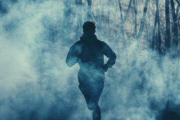Man running in misty forest close up, focus on, copy space Enigmatic foggy atmosphere Double exposure silhouette with mist