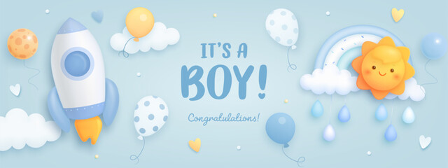 Baby shower horizontal vector poster, flyer, invitation, greeting card or web banner with cartoon 3d rocket, rainbow, sun and helium balloons on blue background. It's a boy