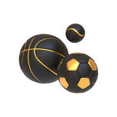 Three black and gold sports balls, including a basketball, soccer ball, and tennis ball, representing elegance in sports. 3D render illustration