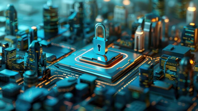 A visually stunning depiction of a futuristic cityscape focused on cyber security, featuring a large lock symbol representing data protection amidst buildings lit by neon lights.