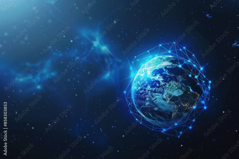 Aufkleber global connection futuristic earth with network lines in space, stars background, 3d rendering for t
