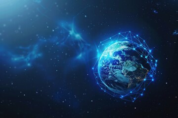Fototapeta premium Global connection futuristic earth with network lines in space, stars background, 3d rendering for technology, communication, travel or business concept