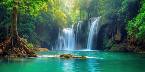 Tropical Rainforest. Jungle Waterfall Cascade with Rock and Turquoise Blue Pond