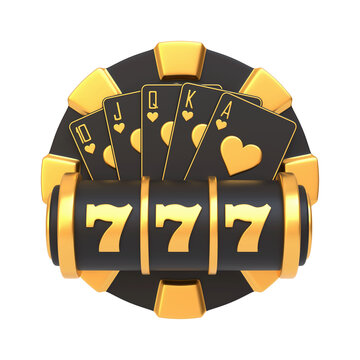 Stylish black and gold casino symbols featuring playing cards, poker chip, and triple 7s slot machine jackpot, representing gambling and winning. 3D render illustration