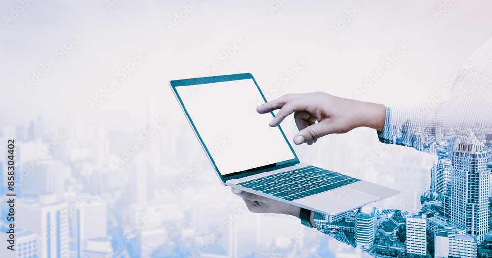 Poster double exposure image of businessman using computer on abstract modern city background. future busin