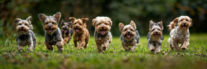 Obraz premium A group of different small happy dog breeds running over a green field in a garden