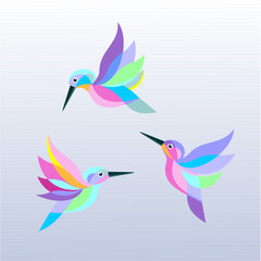 Three colorful flying hummingbirds