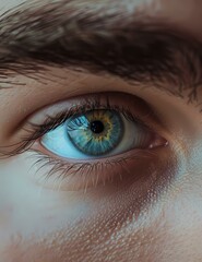 Fototapeta premium A close-up image showing an eye with intricate detail in the iris. The lashes and skin texture are sharply captured, highlighting the realism of the representation.