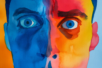 Abstract watercolor painting illustrating a face split into cool blue and warm red tones, symbolizing the contrast between summer heat and refreshing shade