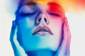 Abstract watercolor painting of a woman's face, expressing the overwhelming heat of summer, with vibrant blue and red hues