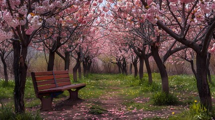 A tranquil park scene featuring a wooden bench surrounded by blooming cherry blossom trees.