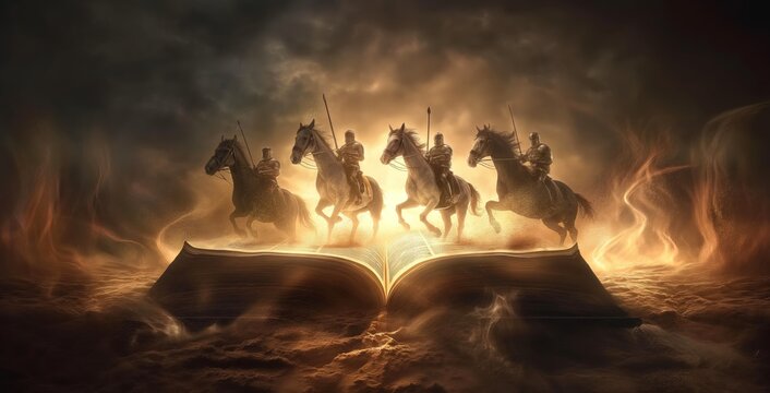 the book  Revelation 6:1-8,  the four horsemen coming out 