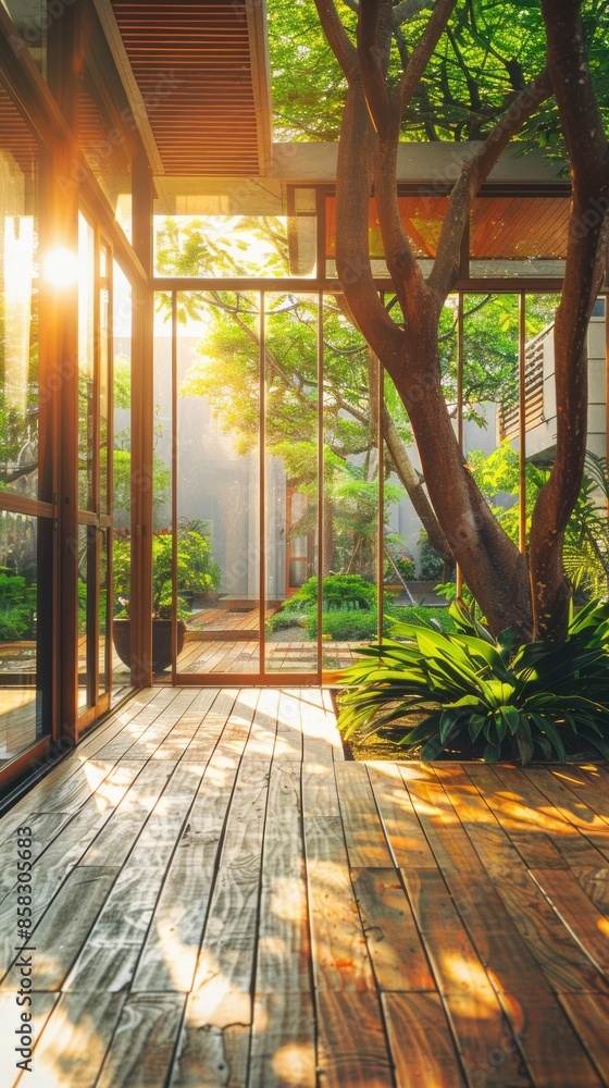 Poster A large tree is in the foreground of a large open space with a wooden floor