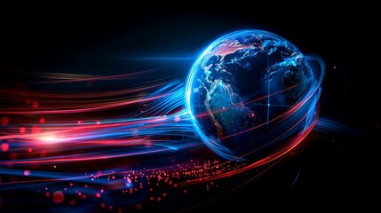 Naklejka premium Abstract digital illustration of Earth with glowing blue and red light trails. Stylized digital art of planet Earth in space. Perfect for technology or futuristic themes. 