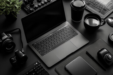 Blank laptop mockup on dark background. keyboard, mouse, gadgets