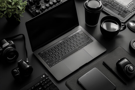 Blank laptop mockup on dark background. keyboard, mouse, gadgets