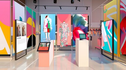 trendy pop-up shop for a fashion brand, featuring modular displays, vibrant graphics, and a digital checkout area