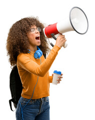 African american student woman communicates shouting loud holding a megaphone, expressing success...