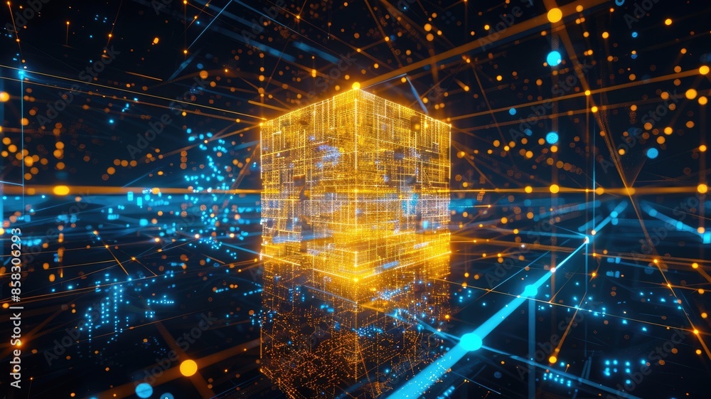 Poster abstract glowing golden cube with blue bokeh on dark background. digital artwork or abstract image o
