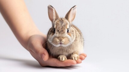 Obraz premium Caring for a lop eared rabbit with a pellet in hand on a white background