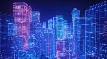 Naklejka premium Futuristic wireframe hologram of skyscrapers from a rooftop view, illustrating the evolution of urban architecture