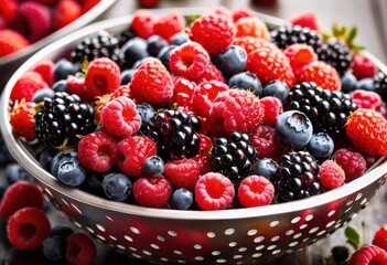 vibrant berries freshly picked juicy fruits arranged neatly, colander, colorful, ripe, harvest, farm, organic, healthy, natural, food, delicious, round