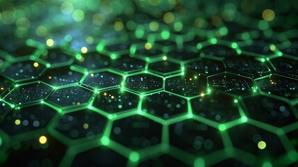 Obraz premium Vibrant Green Hexagonal Pattern with Illuminated Edges and Dynamic Glowing Particles.