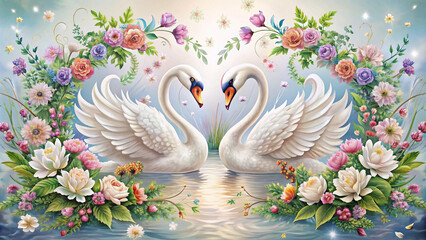 Two swans facing each other design. Decorated with beautiful flowers as the background.
