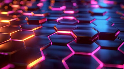 Obraz premium Dynamic Hexagonal Pattern with Neon Pink and Orange Glowing Edges in Futuristic Design.