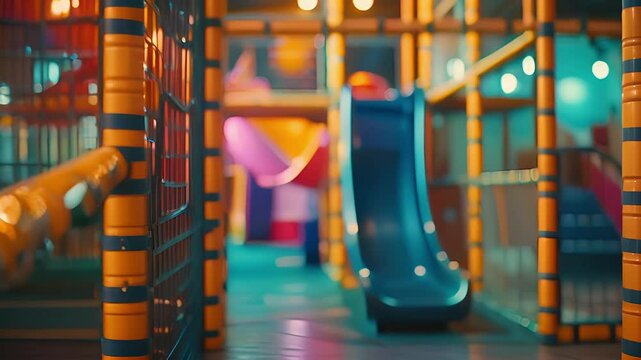 Hazy glimpse of a vibrant and adventurous indoor playground for children.