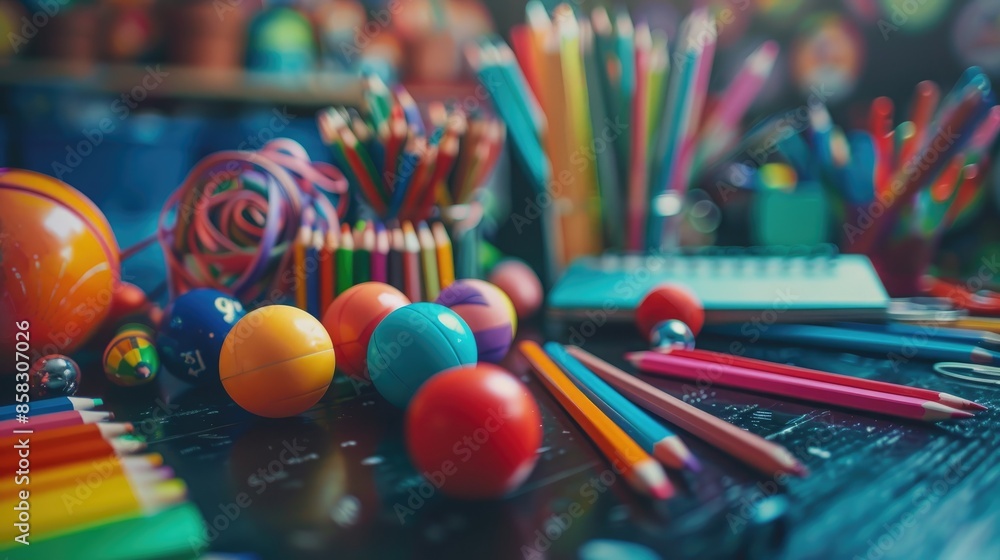 Poster colorful school items rest on dark board with shallow depth of field
