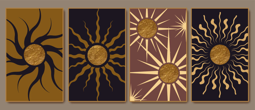 Retro sunburst.  Sun symbols. Boho modern minimalist style mirror. Design elements for decoration, logo. Wall art poster.
