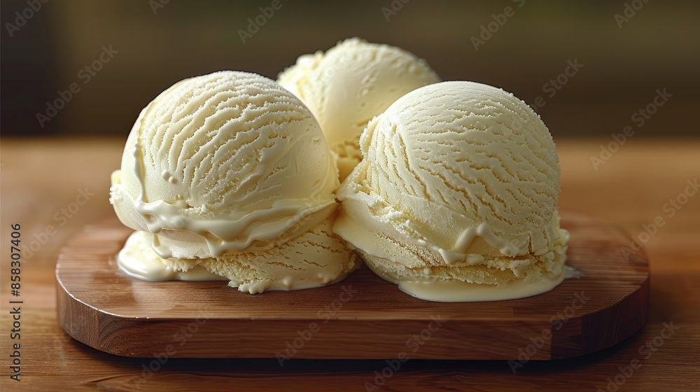 Wall mural ice cream scoops on a wooden board p 