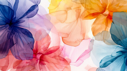 Colorful translucent floral shapes evoke the vibrancy of summer, highlighting the seasons beauty and expressiveness through art