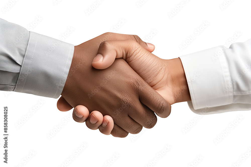 Poster two hands in a handshake, one with a lighter complexion and one with a darker complexion, against a 