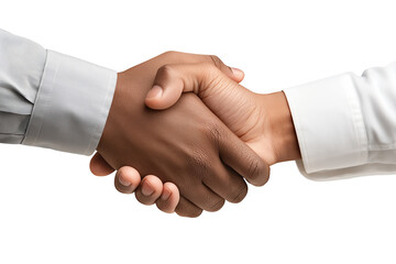 Two hands in a handshake, one with a lighter complexion and one with a darker complexion, against a white background representing unity or agreement. Generative AI