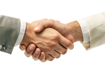 Two people shaking hands, closeup, against a white background illustrating the concept of agreement or partnership. Generative AI