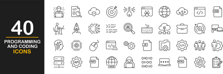 Programming and coding icon set. Software development icon collection. Contains such Icons as code, api, programmer, developer, information technology, coder and more