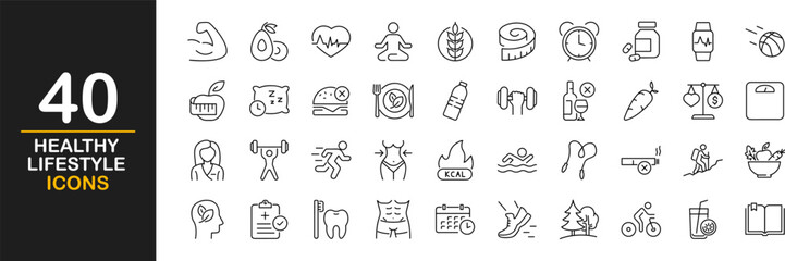 Healthy lifestyle icon set. Contains such Icons as diet, exercise, sleep, running, routine, gym, nutrition, cardio exercises, sports supplements, yoga, self-care, culture and hobbies icons