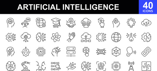 Artificial intelligence icon set. Vector future technology icons. Contains such Icons as decision, ai, artificial intelligence, brainstorming, machine learning, assistant, connection, bot