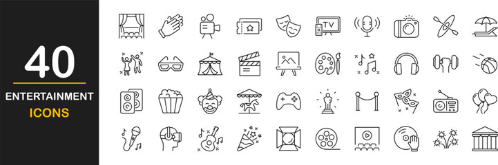 Entertainment icon set. Entertainment and arts icon collection. Contains such Icons as theater, cinema, video, dance, game, music arts, photo and more. Vector illustration