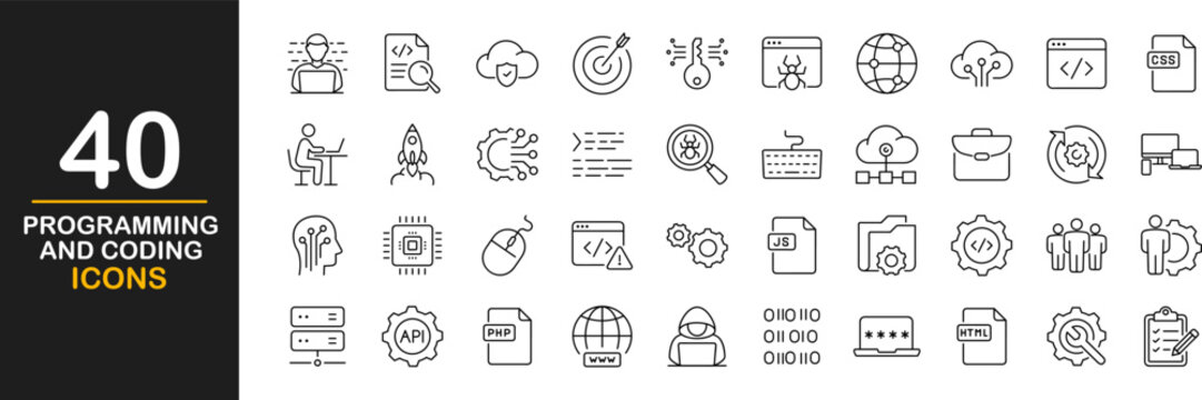 Programming and coding icon set. Software development icon collection. Contains such Icons as code, api, programmer, developer, information technology, coder and more