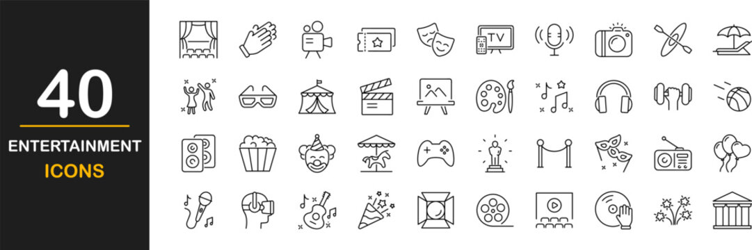 Entertainment icon set. Entertainment and arts icon collection. Contains such Icons as theater, cinema, video, dance, game, music arts, photo and more. Vector illustration
