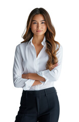 A confident businesswoman smiling, dressed in a white shirt and black trousers, on a white background, business concept. Generative AI