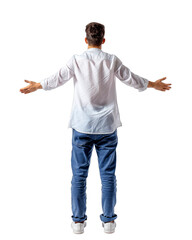 Rear view of a man with his arms wide open, isolated on a white background, in a candid pose, depicting the concept of freedom. Generative AI