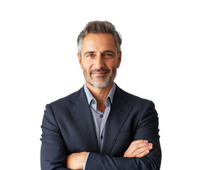 A middle-aged man with a beard, dressed in a business suit, posing with folded arms against a white background, photograph. Generative AI