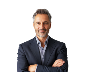 A middle-aged man with a beard, dressed in a business suit, posing with folded arms against a white background, photograph. Generative AI