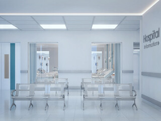 Hospital waiting area and hospital bed in room.3d rendering
