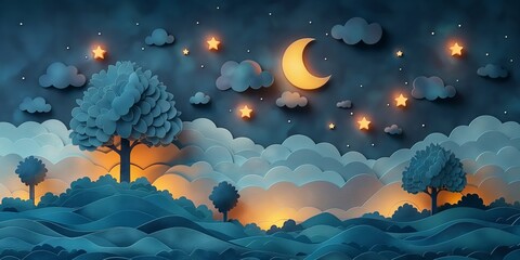 nature hill with tree and grass field scenery at night time, starry sky with crescent moon, paper craft paper cut illustration