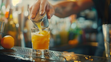 A skilled bartender carefully measures orange juice from a jigger into a glass. He's making a fresh cocktail at the bar's counter.